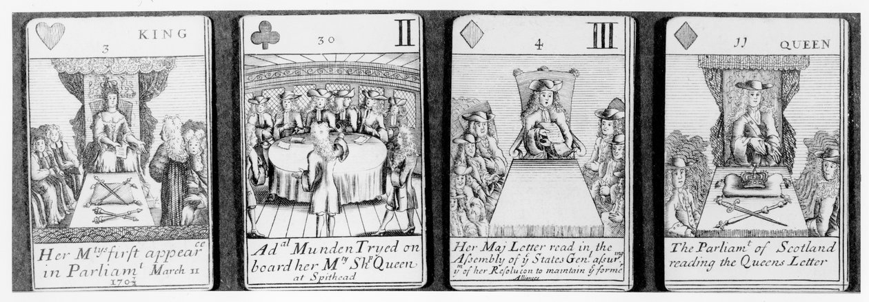 Pelikortit, jotka kuvaavat tapahtumia kuningatar Annen hallituskauden varhaisvaiheessa, sarjasta Espanjan peräkkäissodan (1702-13) muistoksi tekijältä English School