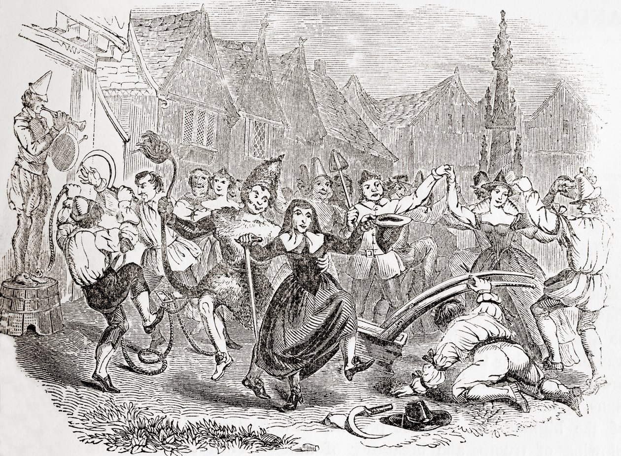 Plough Mondayn juhlat, Bessien ja klovnin tanssi, Vanhasta Englannista: A Pictorial Museum, pub. 1847 tekijältä English School