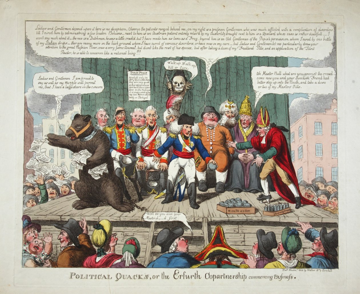 Political Quacks tai Erfurth Copartnership aloittamassa liiketoimintaa, pub. 1808 (käsinvärinen kaiverrus) tekijältä English School