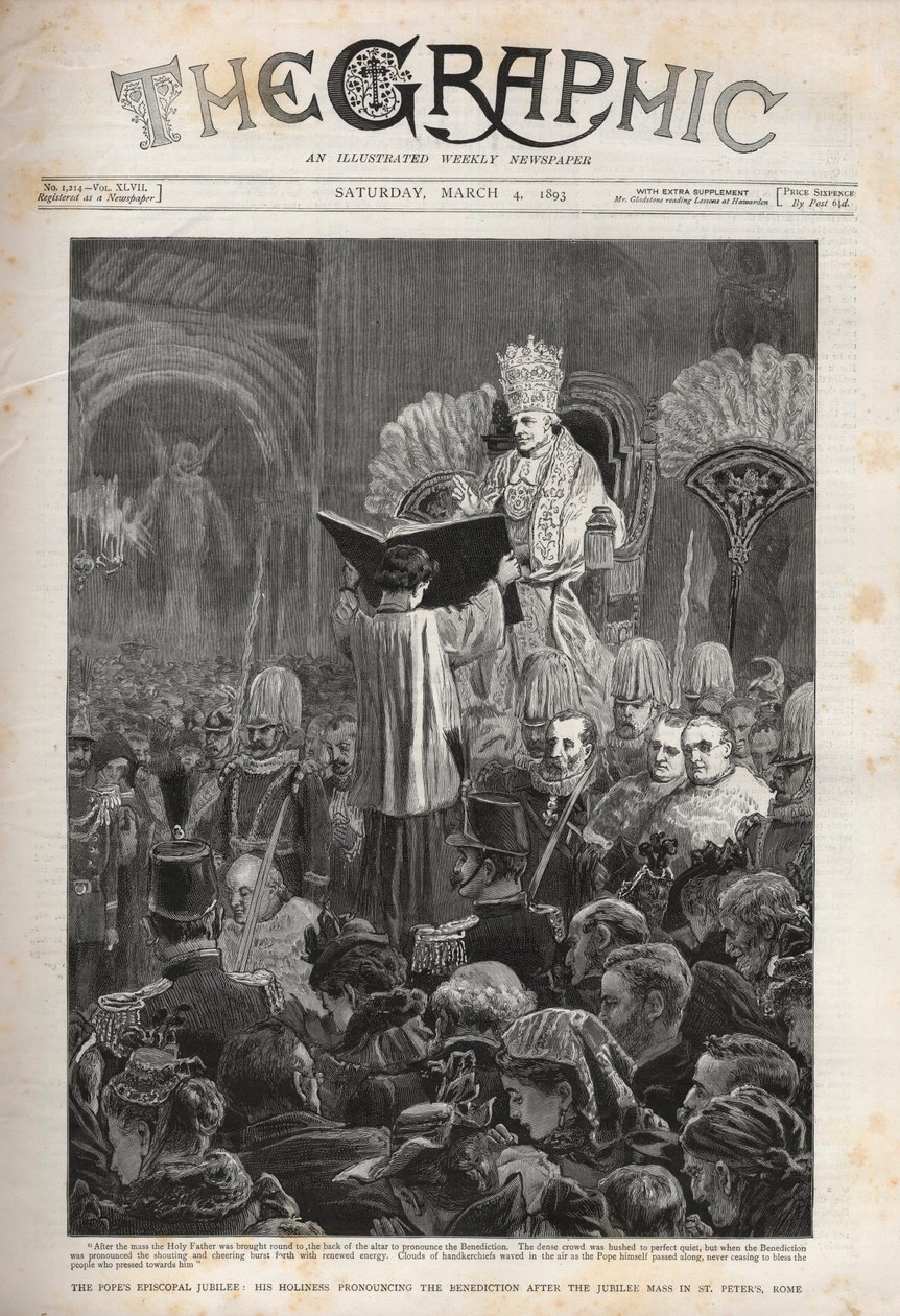 Paavi Leo XIII (Leon XIII) Paavin piispanjuhla, Hänen pyhyytensä julistamassa siunauksen Juhlavuoden messun jälkeen Pietarissa, Roomassa - Grafiikkakuvitus, 4. maaliskuuta 1893. tekijältä English School