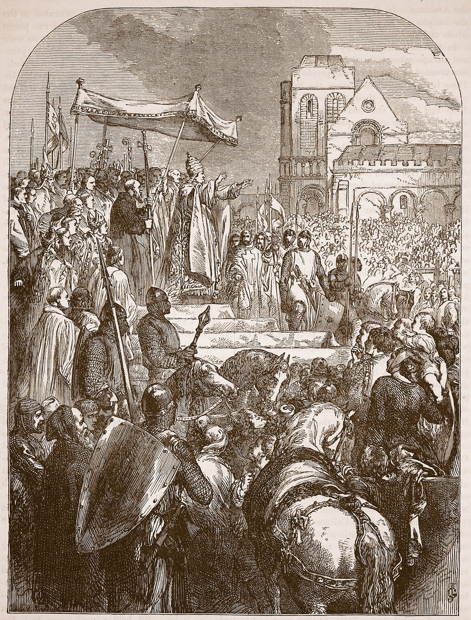 Paavi Urbanus II saarnaamassa ensimmäistä ristiretkeä Clermontin torilla, 1096, kuva Cassells Illustrated History of Englandista (seepiakuva) tekijältä English School