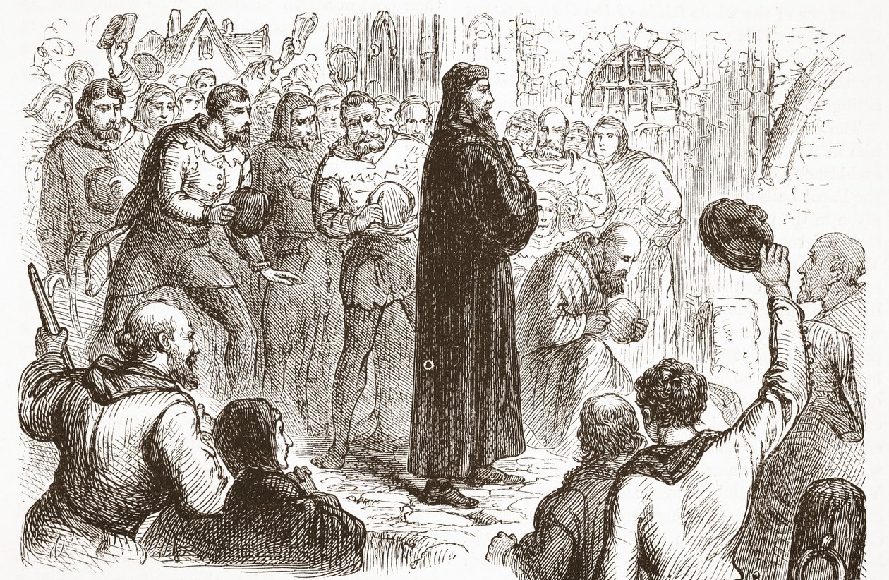 Suosittu mielenosoitus Lambethin palatsissa Wicliffen puolesta, kuvitus James Aitken Wylien (1808-1890) teoksesta The History of Protestantism, pub. 1878 tekijältä English School