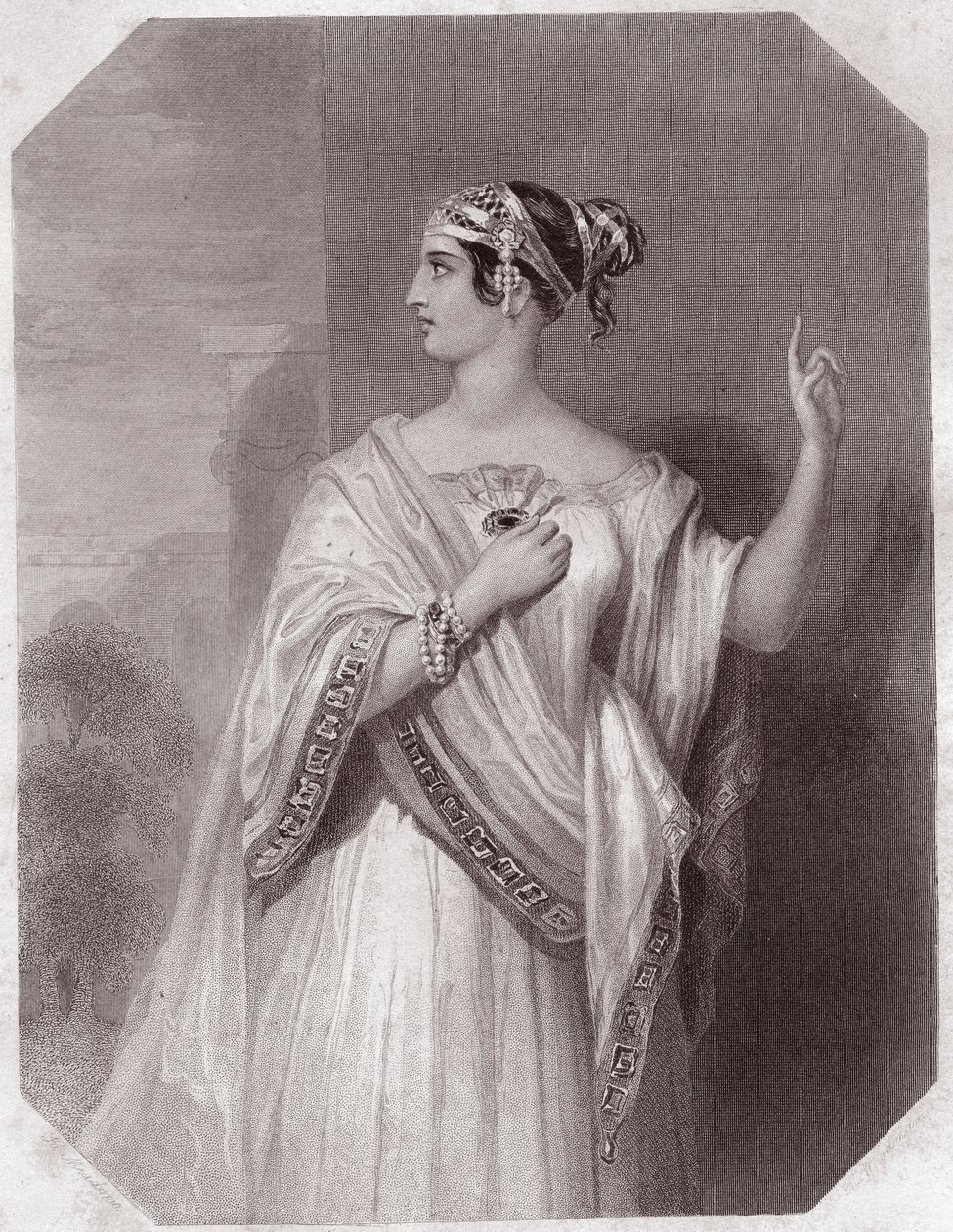 Brutuksen (Brutuksen Portia-vaimo) Porcia-vaimo (Jules Cesar - Julius Caesarin tragedia) - "" Galerie des femmes de Shakespeare, kokoelma 45 vakavaa muotokuvaa varhaisten Lontoon taiteilijoiden toimesta, rikastettuna kriittisillä ja kirjallisilla huomautuk tekijältä English School