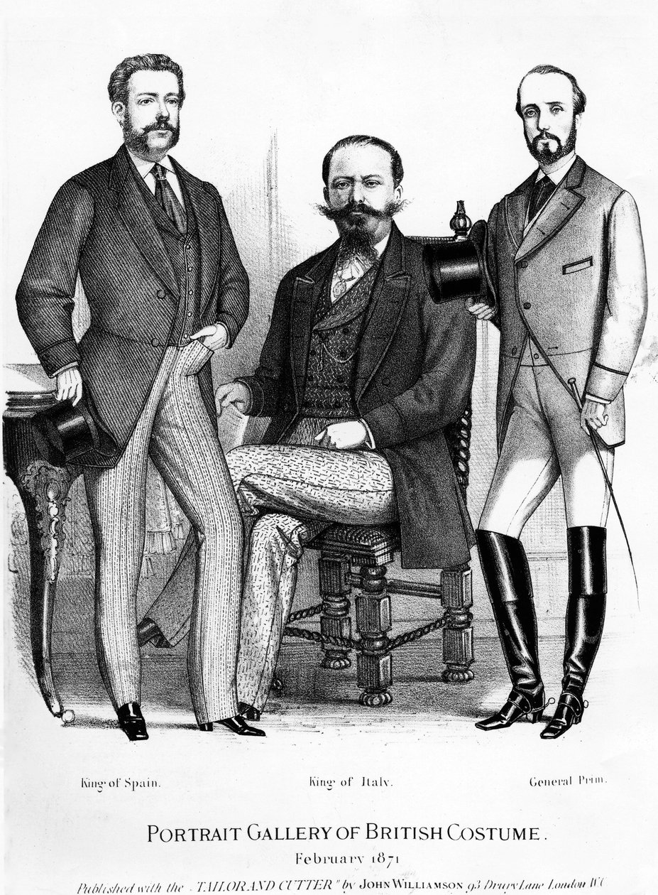 Muotokuvagalleria British Costume, joka esittelee Espanjan ja Italian kuninkaat ja General Primin, julkaistiin Tailorin ja Cutterin kanssa, 1871 tekijältä English School
