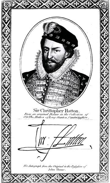 Sir Christopher Hattonin (1540-91) muotokuva ja signeeraus tekijältä English School
