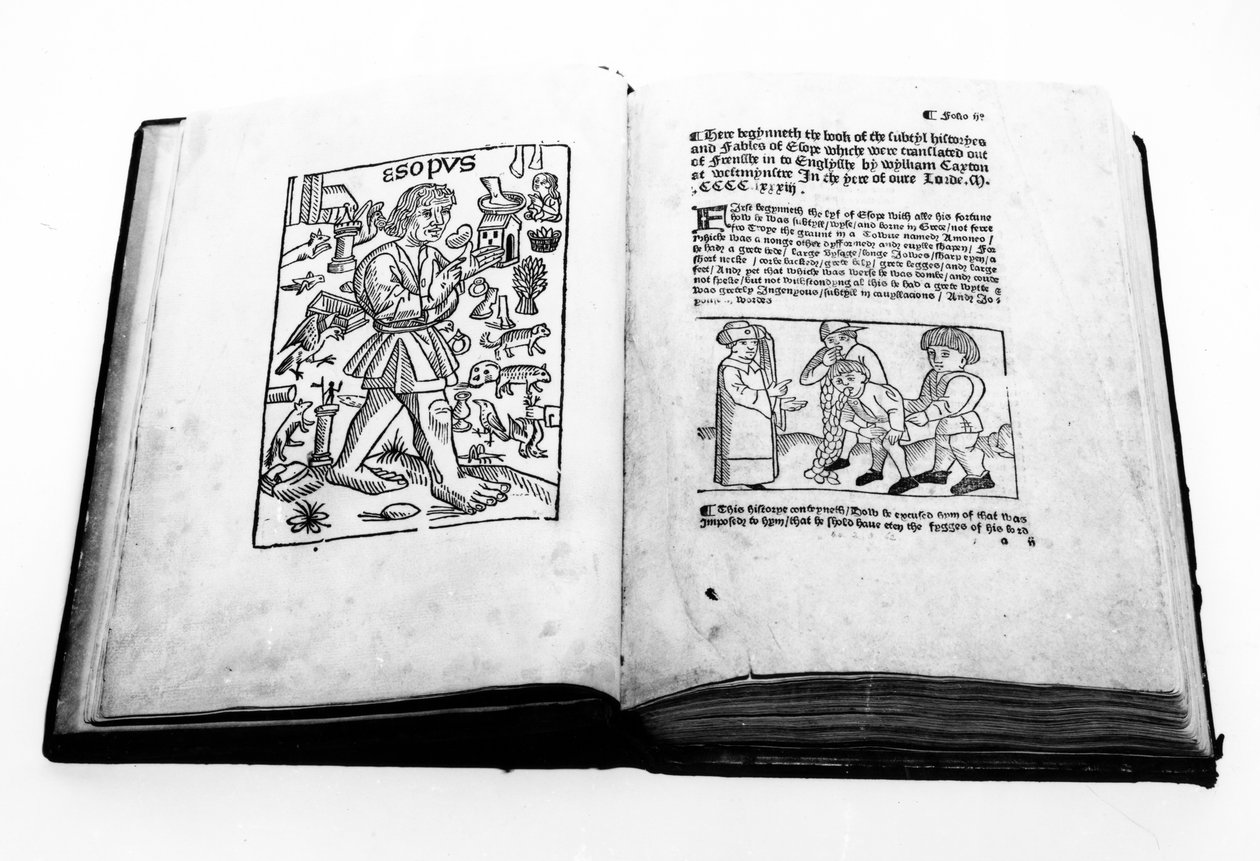 Aisopoksen muotokuva, William Caxtonin (n. 1422-1491) kuvitetusta käännöksestä Aesops Fables -kirjasta 1434 tekijältä English School