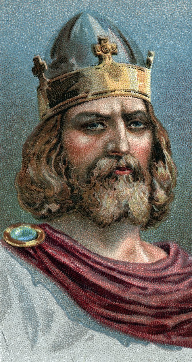 Muotokuva Alfred Suuresta (Alfred the Great, 849-899), Wessexin kuningas, 800-luku jKr. - Sarjasta "" Leaders of Men""" - Kromolitografia - Englantilainen koulu, 1900-luku - tekijältä English School