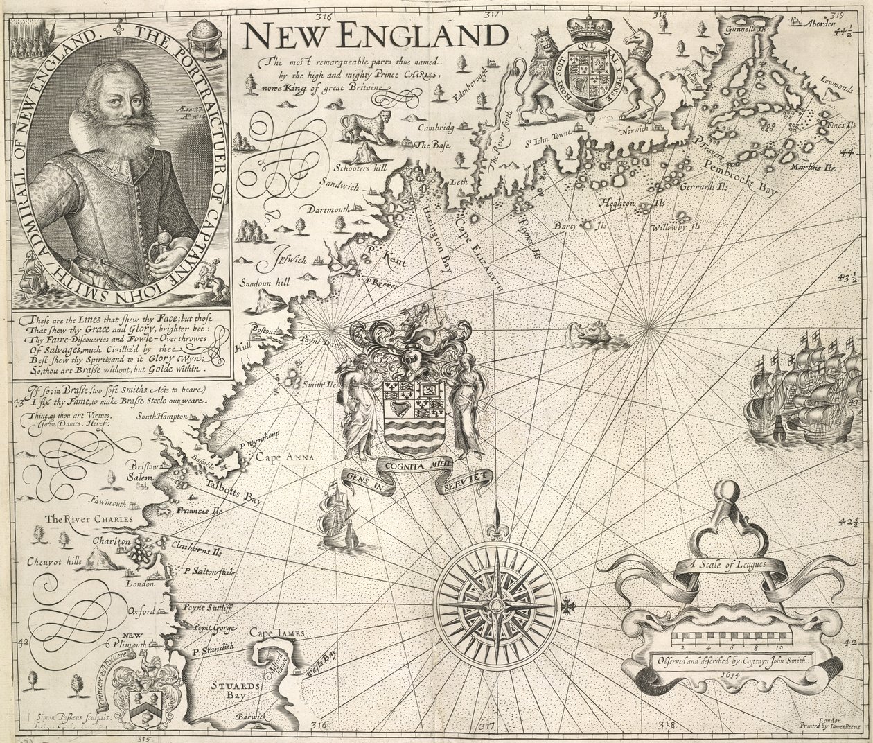Kapteeni John Smithin muotokuva. Kuva Uuden-Englannin rannikosta John Smithin teoksessa "A Description of New England: or the Observations…" tekijältä English School