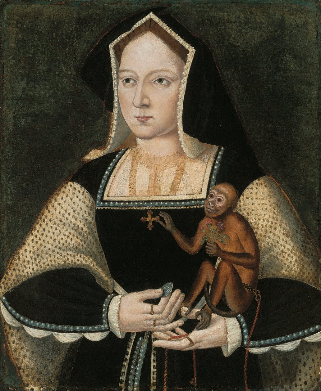 Muotokuva Englannin kuningattaresta Katariina Aragonialaisesta (1485-1536), puolipitkä, mustavalkoinen mekko, jossa riipusristi, kädessään marmosetti ja kolikko (öljy paneelille) (öljy, paneeli) tekijältä English School