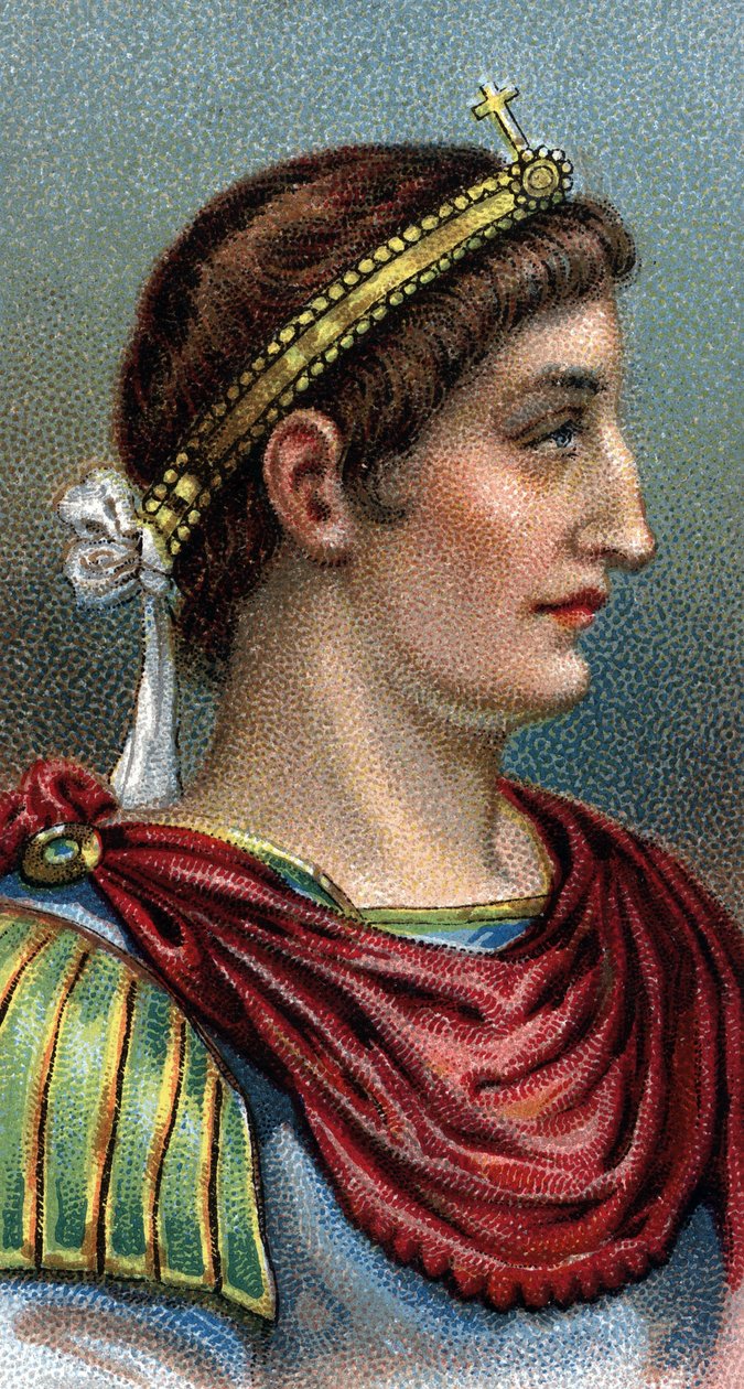 Konstantinus Suuren muotokuva (Konstantinus I Suuri, 270-337) - Sarjasta "" Miesten johtajat"" - Kromolitografia - Englantilainen koulu, 1900-luku - tekijältä English School