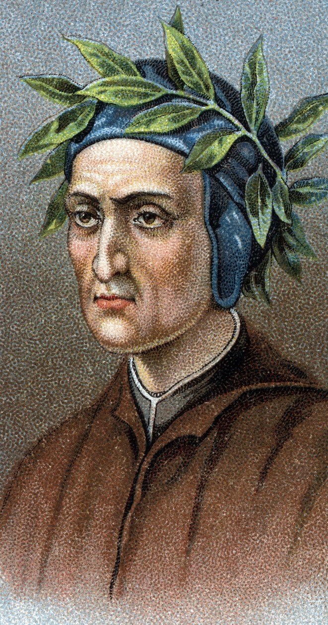 Italian runoilijan DANTE ALIGHIERIN (1265-1321) muotokuva - Sarjasta "" Miesten johtajat"" - Kromolitografia - Englantilainen koulu, 1900-luku - tekijältä English School