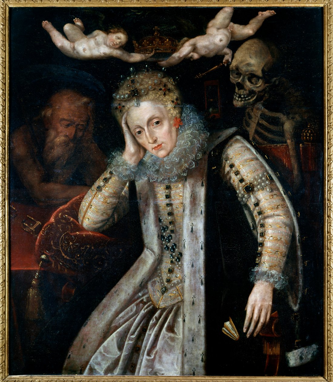 Muotokuva Englannin kuningattaresta Elisabeth Ierestä (1533 - 1603) hänen elämänsä loppupuolella. Englannin koulun maalaus tekijältä English School