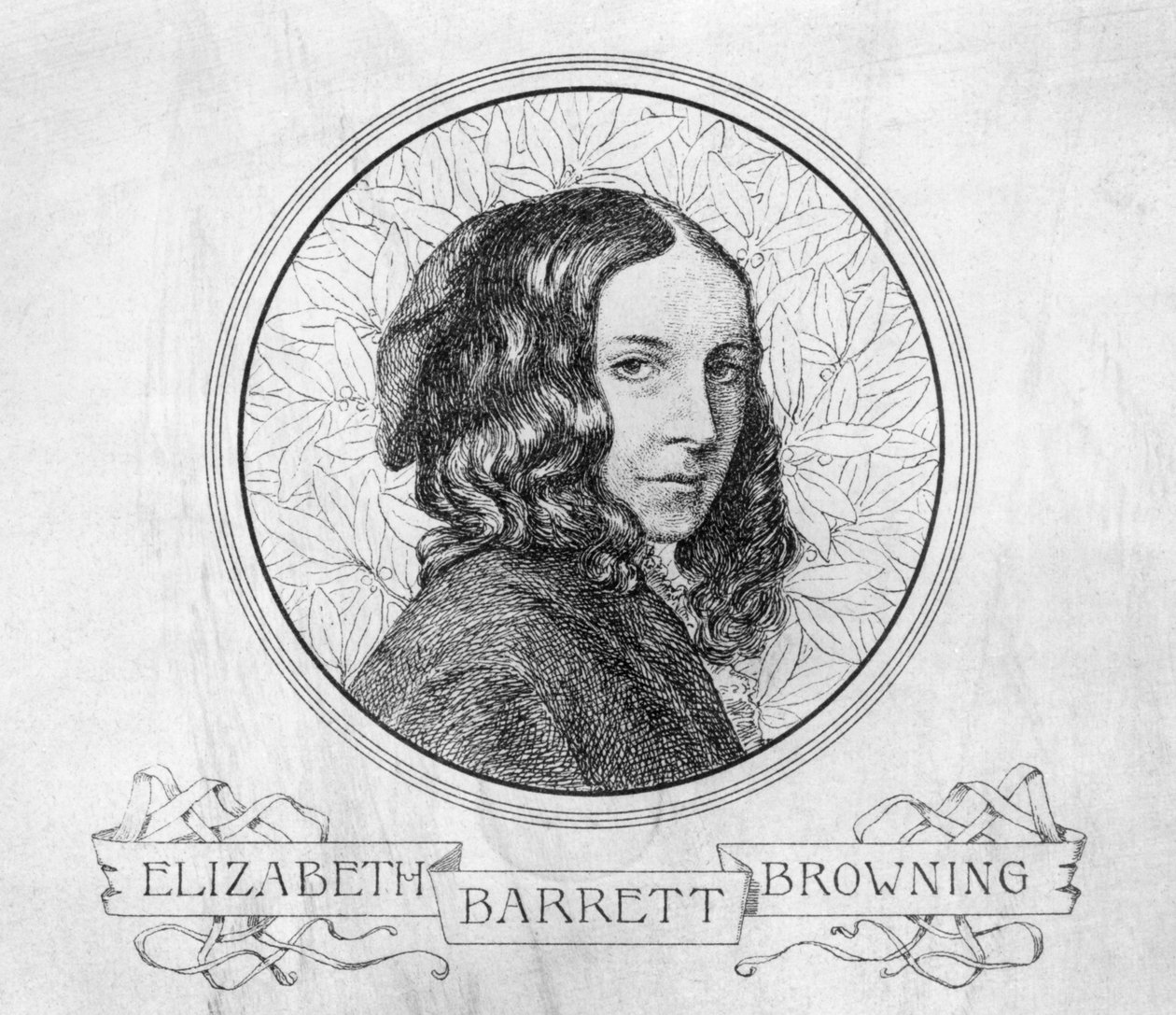 Muotokuva Elizabeth Barrett Browningista (1806-61) (kaiverrus) (mustavalkoinen kuva) tekijältä English School