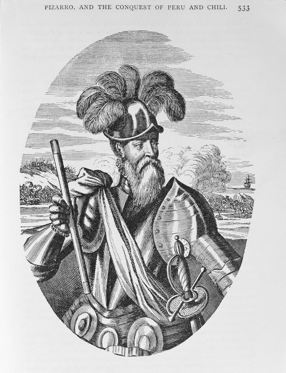 Muotokuva Francisco Pizarrosta (n. 1475-1541) julkaisusta "The Narrative and Critical History of America", toimittanut Justin Winsor, Lontoo, 1886 tekijältä English School