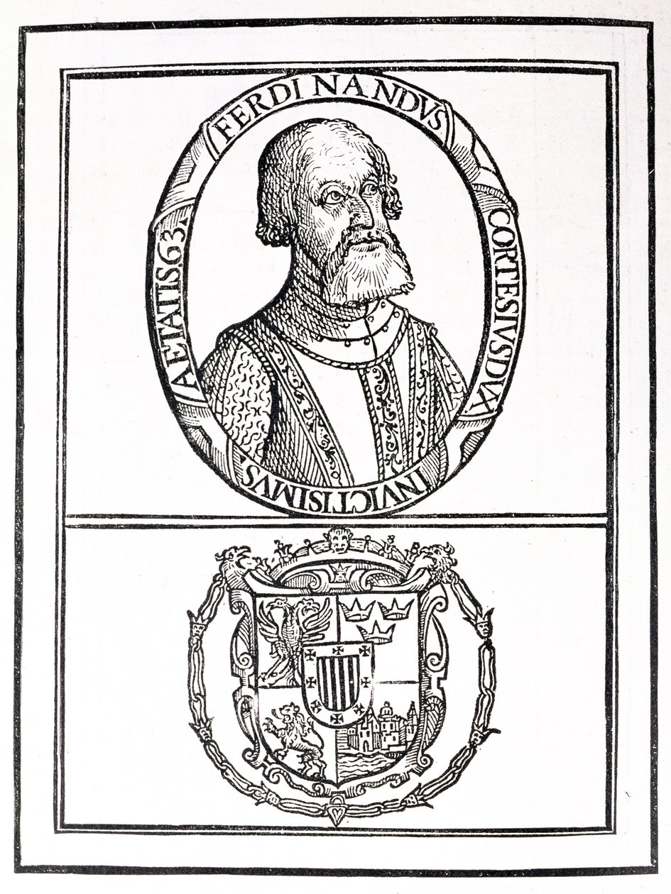 Muotokuva Hernan Cortesista (1485-1547) ja hänen käsivarsistaan julkaisusta "The Narrative and Critical History of America", toimittanut Justin Winsor, Lontoo, 1886 tekijältä English School