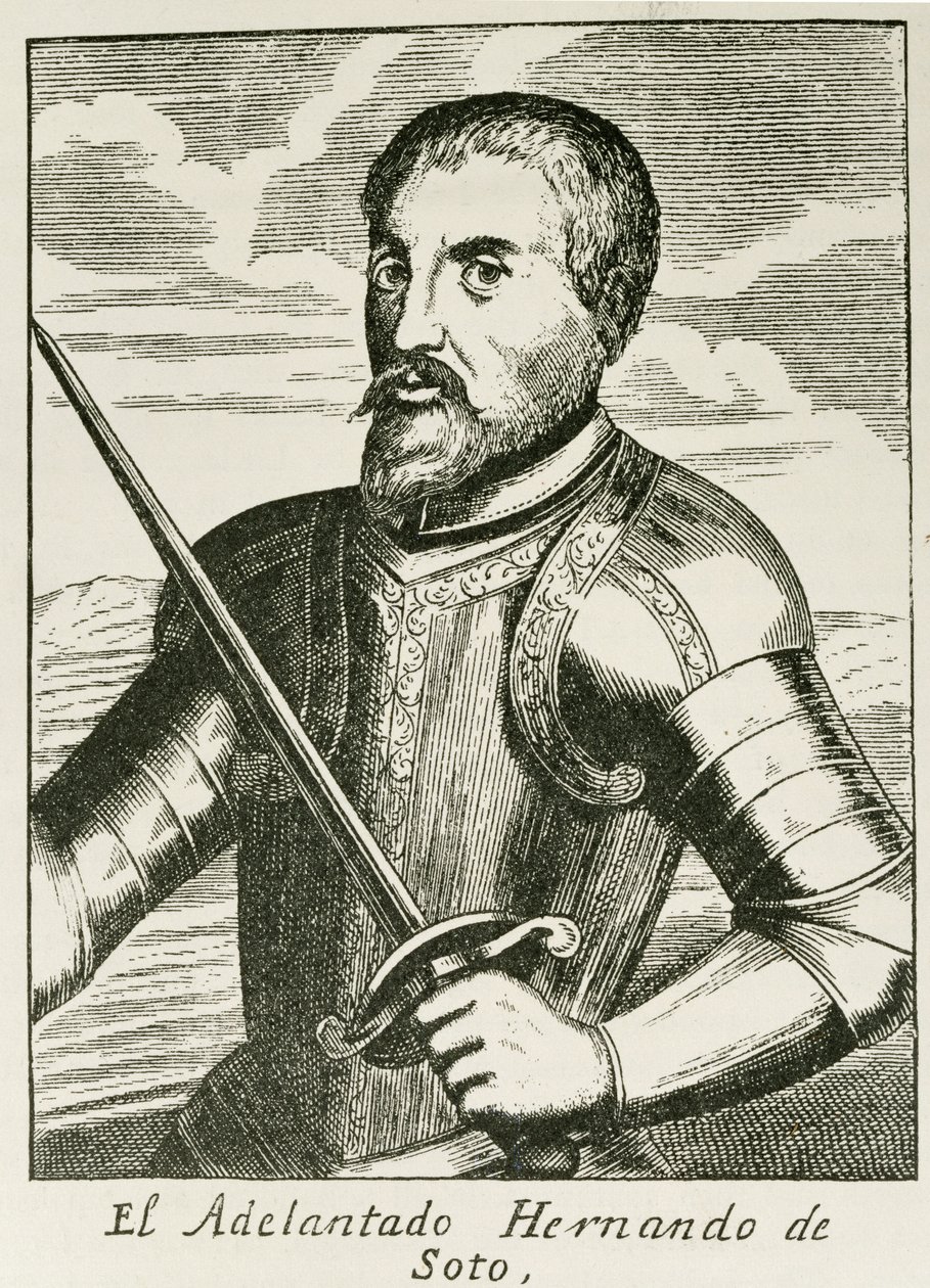 Muotokuva Hernando de Sotosta (n. 1496-1542) julkaisusta "The Narrative and Critical History of America", toimittanut Justin Winsor, Lontoo, 1886 tekijältä English School