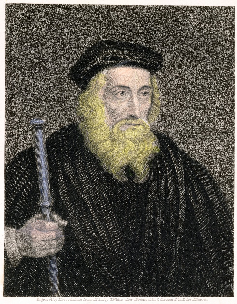 Muotokuva John Wycliffestä (n. 1330-1384), jonka on kaivertanut James Posselwhite (1798-1884) G. Whiten vedoksen jälkeen, pub. Kirjailija: William Mackenzie tekijältä English School