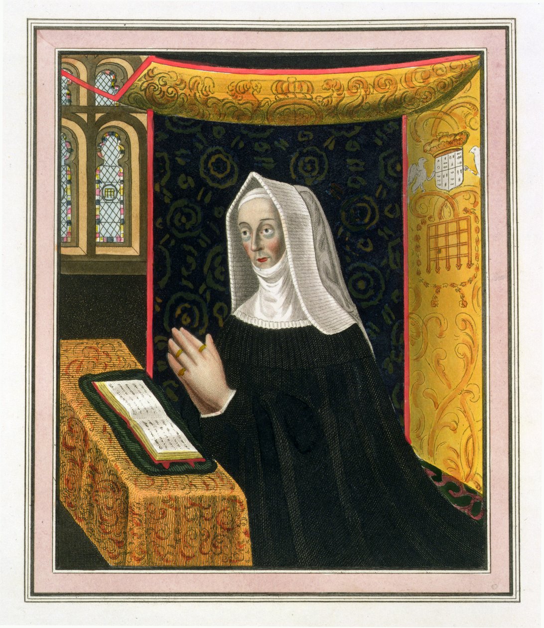 Margaret Beaufort, Richmondin ja Derbyn kreivitär (1443-1509), Cambridgen St. Johns Collegen perustaja, muotokuva The History of Cambridgen pubista. R. Ackermann, 1815 (väriakvatinta) tekijältä English School