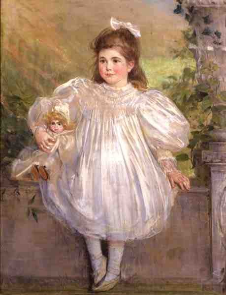 Muotokuva Margaret Holmesista hovissa, n. 1890 (pastelli) tekijältä English School
