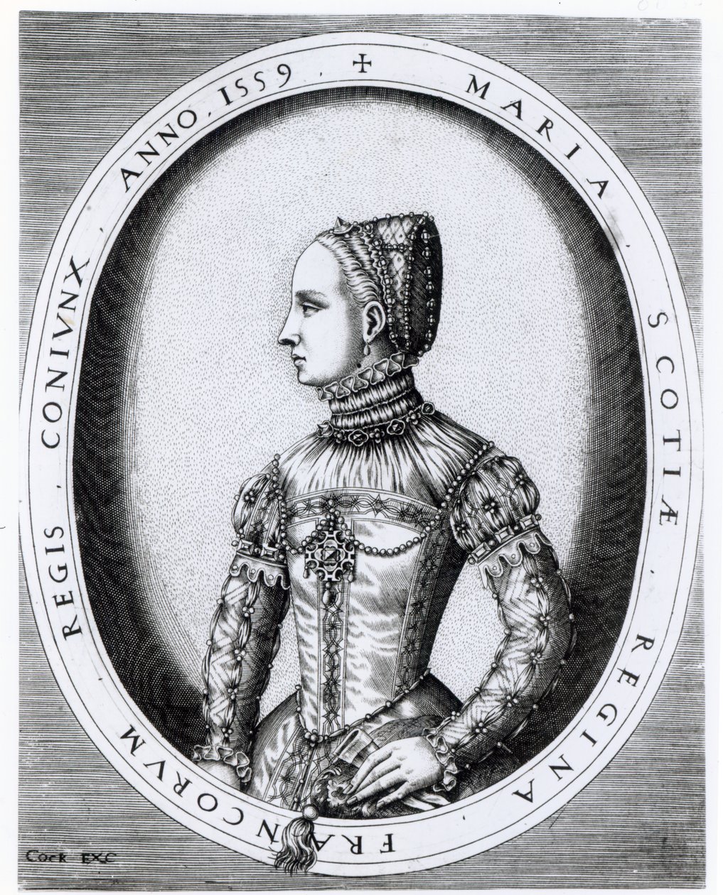 Hieronymus Cockin (n.1510-70) kaiverrettu muotokuva Skotlannin kuningattaresta Mariasta (1542-87) 1559. tekijältä English School