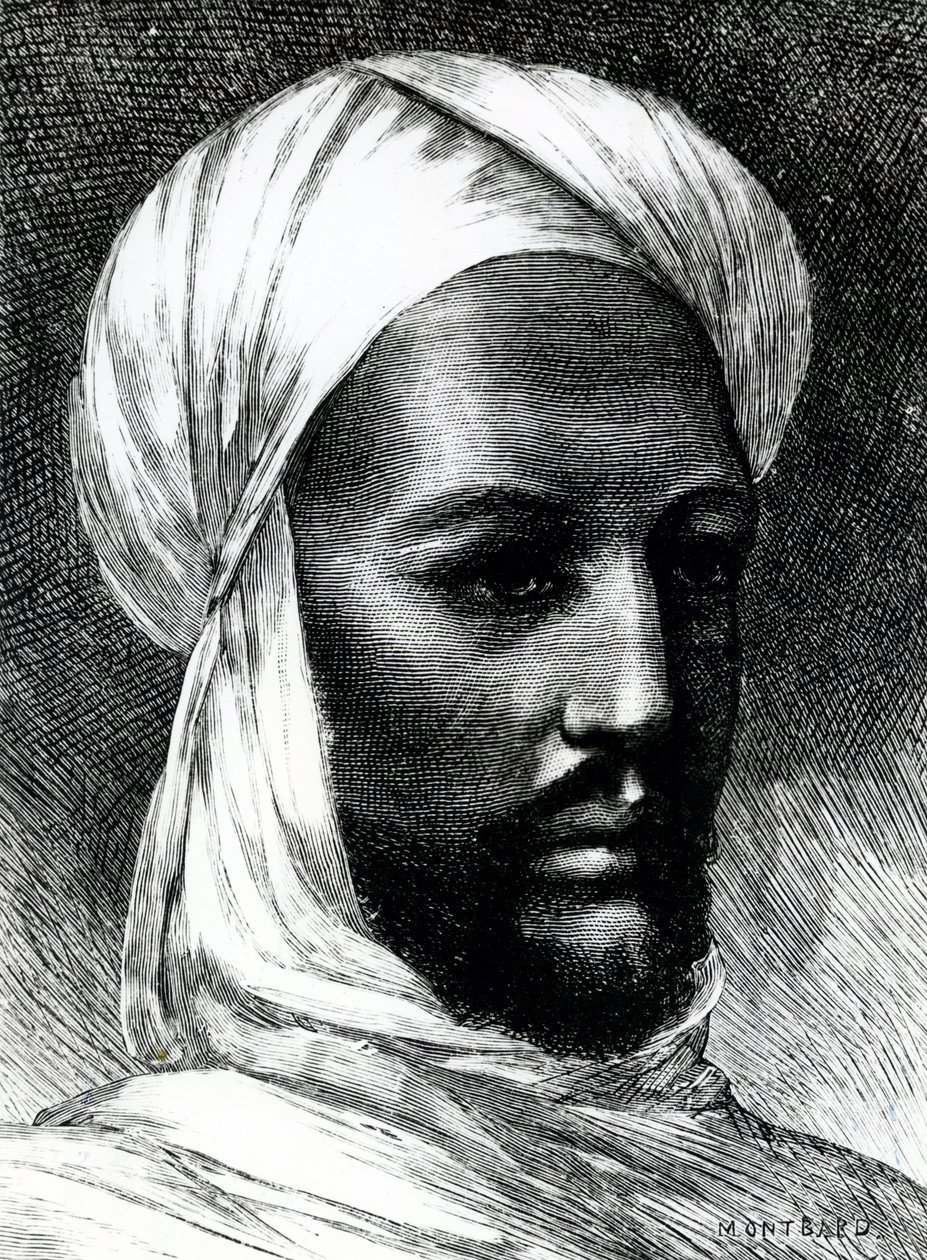 Muotokuva Muhammad Ahmadista (1844-1885), joka tunnetaan nimellä Mahdi, dervishien johtaja sodassa brittejä vastaan vuonna 1884, siirtomaasodat, Sudan tekijältä English School