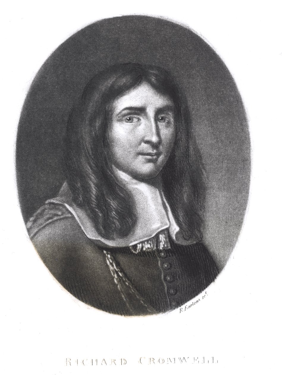 Richard Earlomin (1743-1822) kaivertama Richard Cromwellin (1626-1712) muotokuva teoksesta "Illustrious Characters in British History" (mezzotint) tekijältä English School