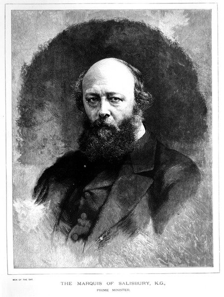Muotokuva Robert Arthur Talbot Gascoyne Cecilistä (1830-1903), Salisburyn markiisi ja pääministeri, sarjasta "Men of the Day", pubi. 1886 (m/w kaiverrus) tekijältä English School