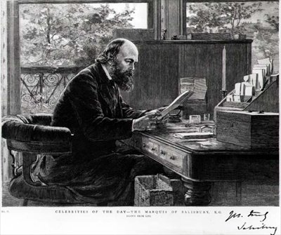 Salisburyn markiisin Robert Arthur Talbot Gascoyne Cecilin (1830-1903) muotokuva, piirretty elämästä sarjasta "Päivän julkkikset" tekijältä English School