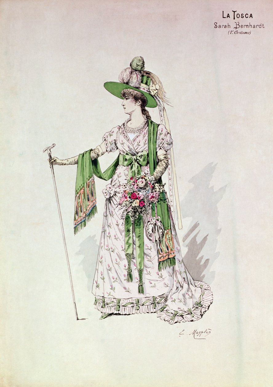 Sarah Bernhardtin (1844-1923) muotokuva Victorien Sardoun (1831-1908) La Tosca -tuotannossa Lyseumissa 9. heinäkuuta 1888 (värinen kaiverrus) tekijältä English School