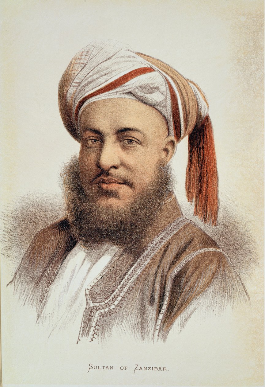 Sansibarin sulttaanin Sayyid Barghashin (n. 1834-1888) muotokuva (värinen lito) tekijältä English School