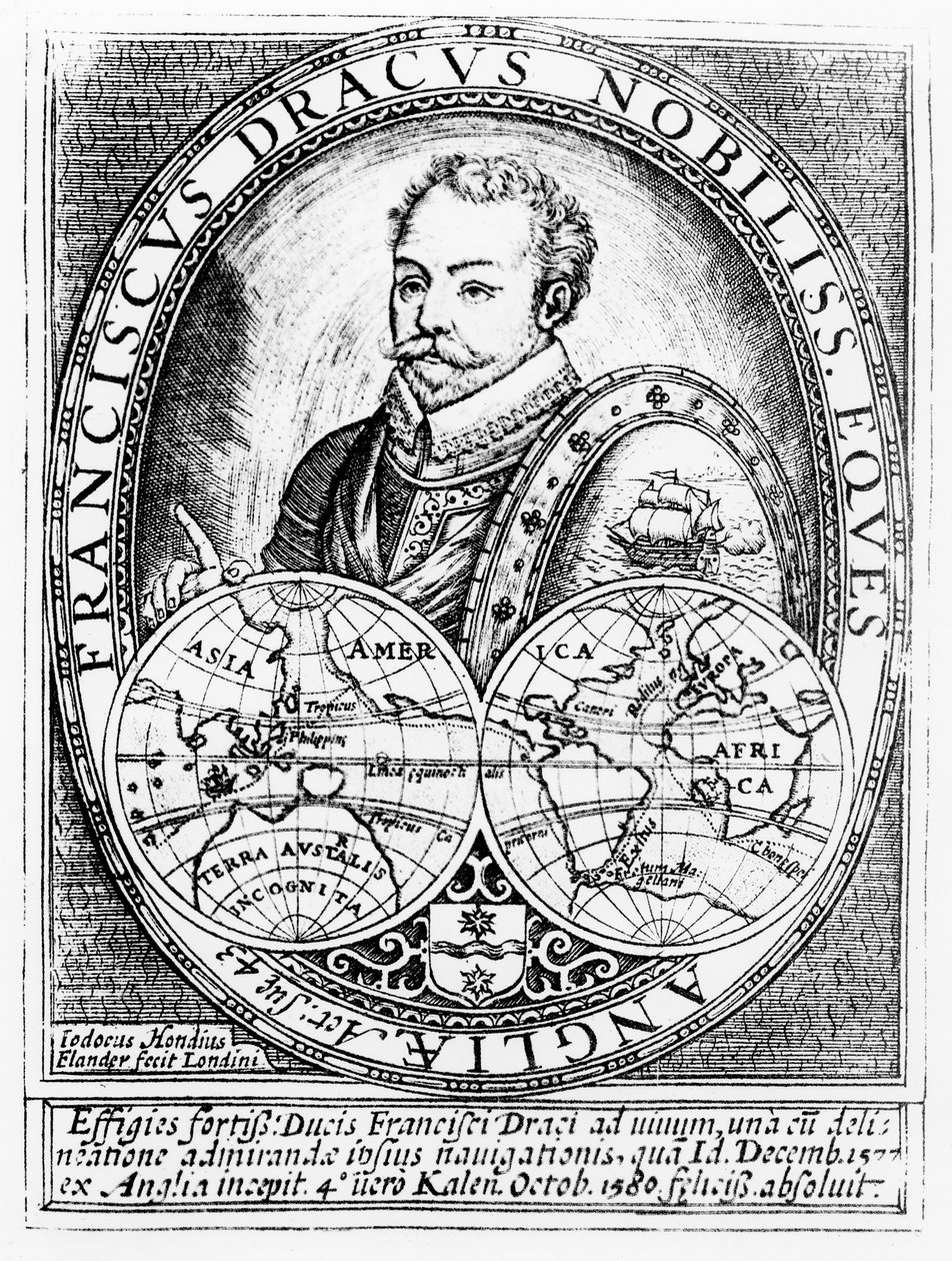 Sir Francis Draken (n. 1540-1596) muotokuva 43-vuotiaana, kaivertanut Jodocus Hondius (1567-1611) tekijältä English School