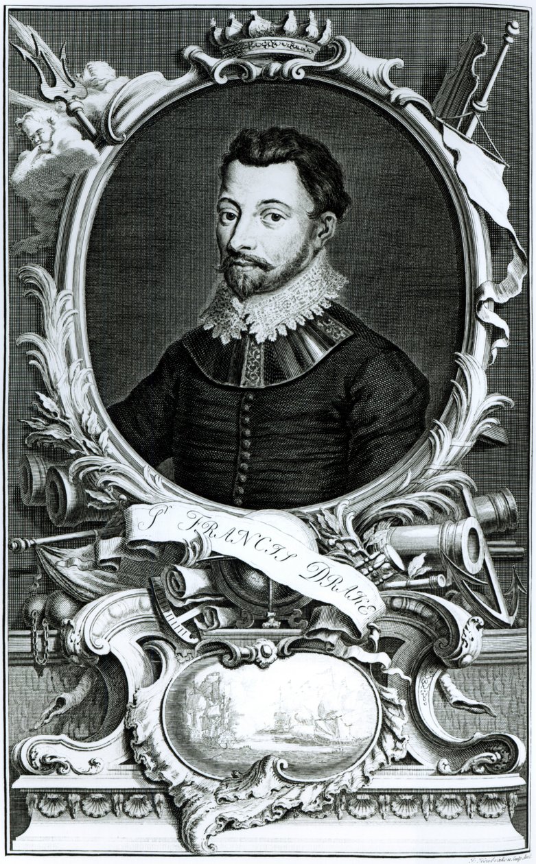 Jacobus Houbrakenin (1698-1780) kaivertama Sir Francis Draken (n. 1540-96) muotokuva (kaiverrus) (bw-kuva) tekijältä English School