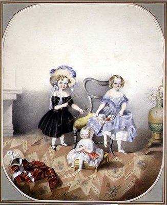 Muotokuva kolmesta sinisilmäisestä tytöstä hienossa mekossa, n. 1840 (akvarelli paperille) tekijältä English School