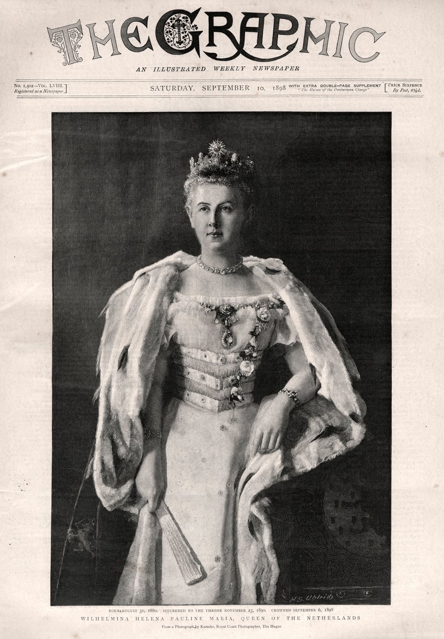 Muotokuva Alankomaiden kuningattaresta Wilhelminasta (1880-1962) - The Graphic -sanomalehden etusivu tekijältä English School