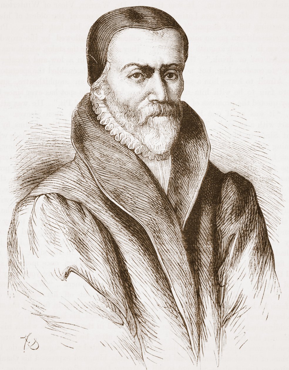 Muotokuva William Tyndalesta (vanhasta kaiverruksesta Bibliotheque Nationalessa), kuvitus James Aitken Wylien (1808-1890) Protestantismin historiasta, pub. 1878 tekijältä English School