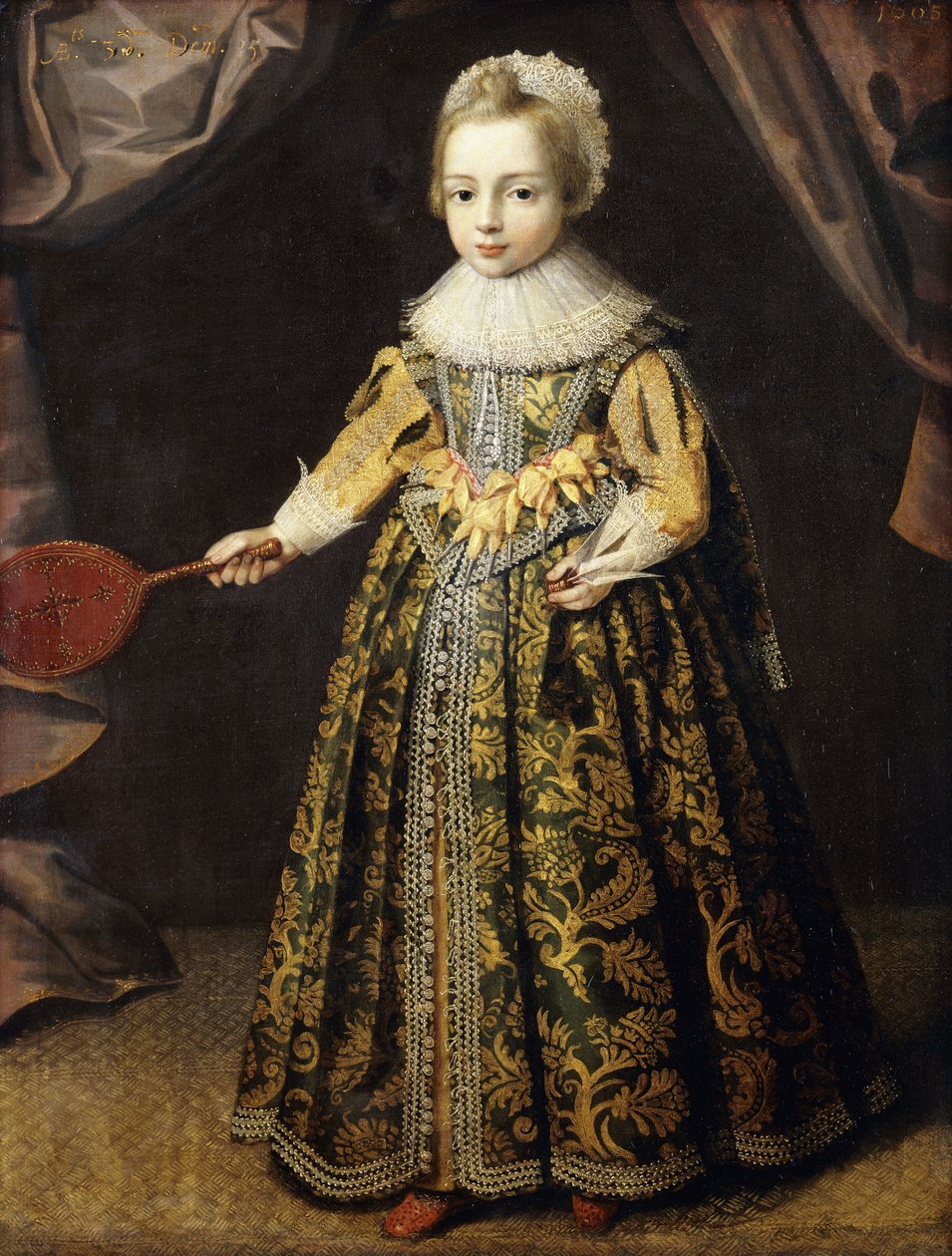 Pojan muotokuva, 3-vuotias, seisoo koko pituudeltaan vihreässä kullalla brodeeratussa mekossa, pitsilippuussa ja röyhelössä, kädessään Battledore ja sukkula, 1605 tekijältä English School