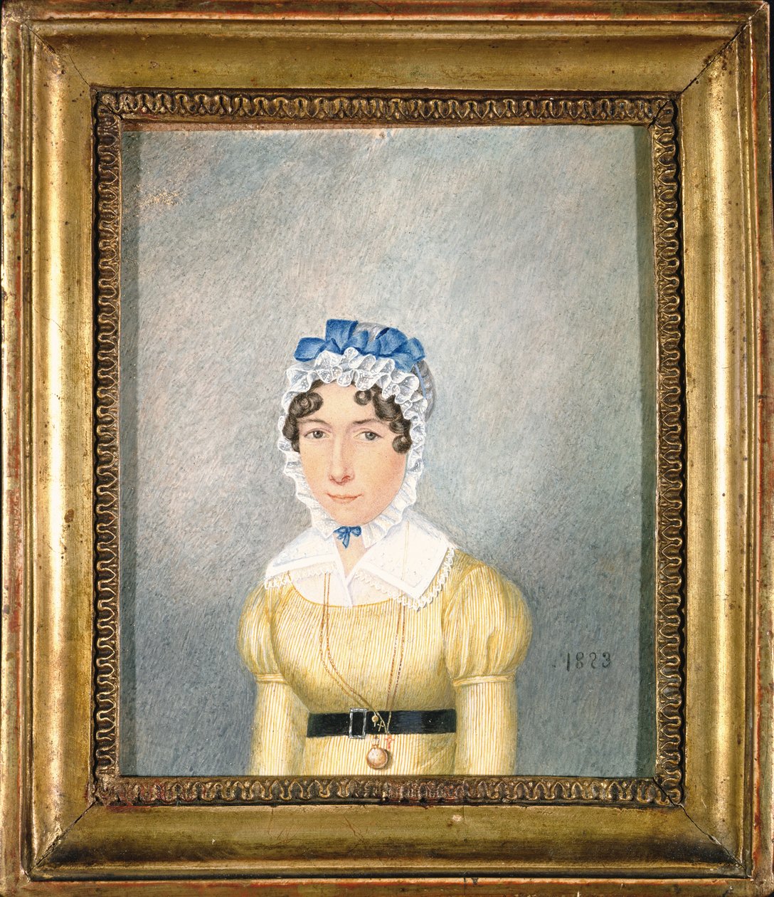 Naisen muotokuva kultaisella medaljongilla, 1823 (guassi ja wc paperilla) tekijältä English School