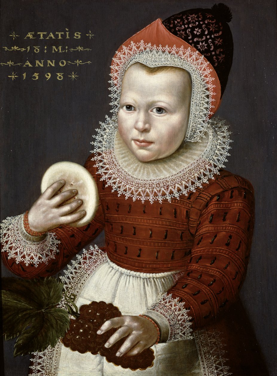 Muotokuva nuoresta tytöstä pitelemässä leipää ja viinirypäleitä, 1598 tekijältä English School