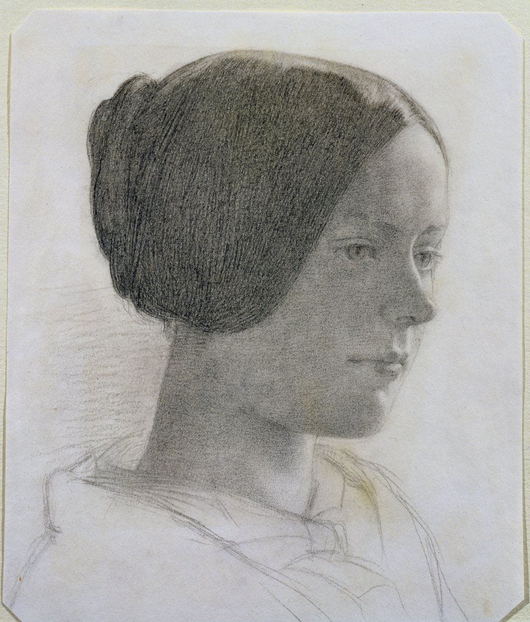 Muotokuva nuoresta naisesta hiukset pullossa, n. 1840 (värilliset liidut paperille) tekijältä English School