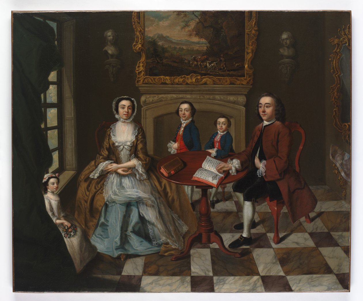 Perheen muotokuva sisätiloissa, luullaan olevan Roubelin perhe, 1750-luku tekijältä English School