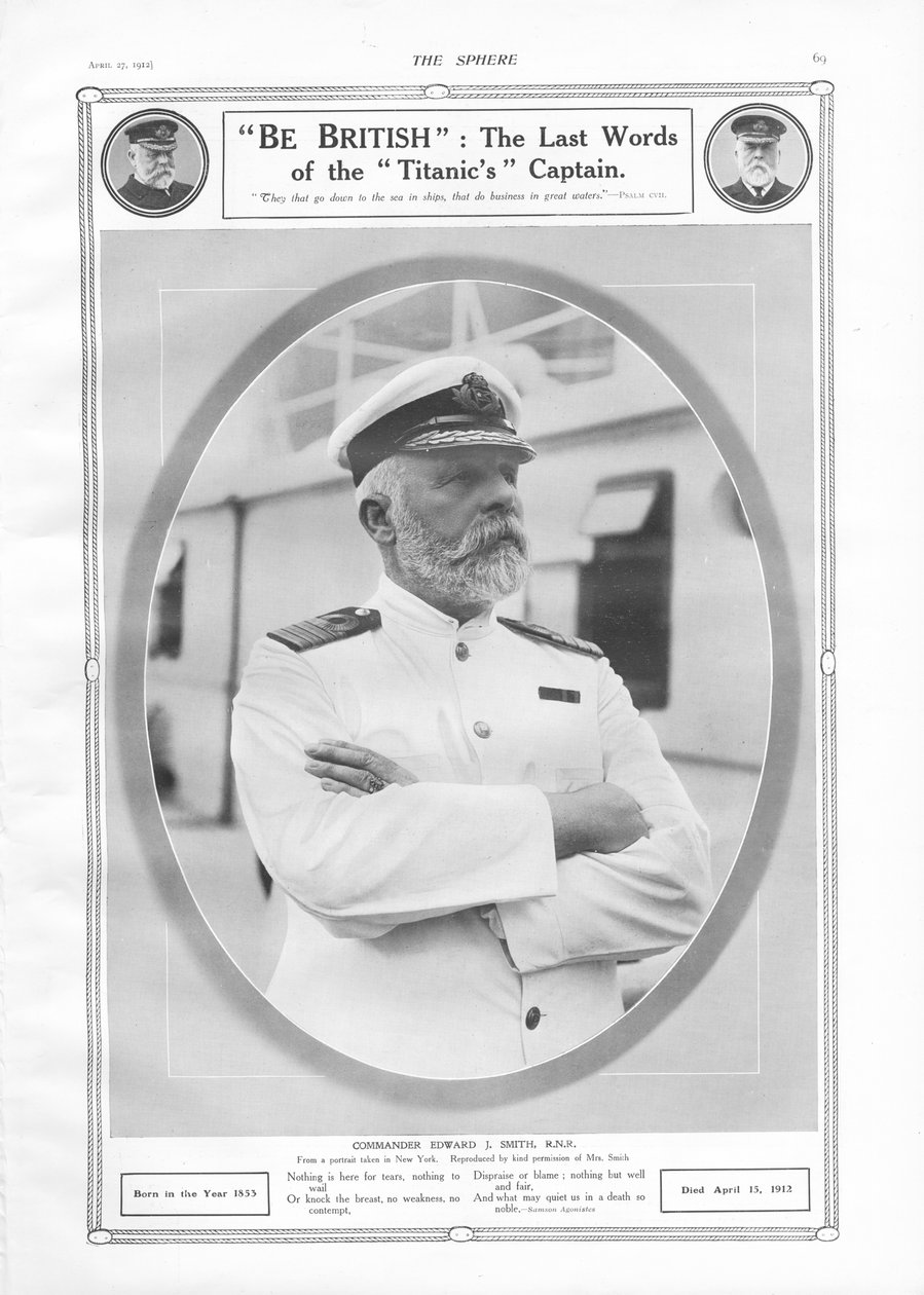 Muotokuva ja kunnianosoitus komentaja Edward J. Smithistä, White Star Liner RMS Titanicin kapteenista, The Spherestä, 27. huhtikuuta 1912 tekijältä English School