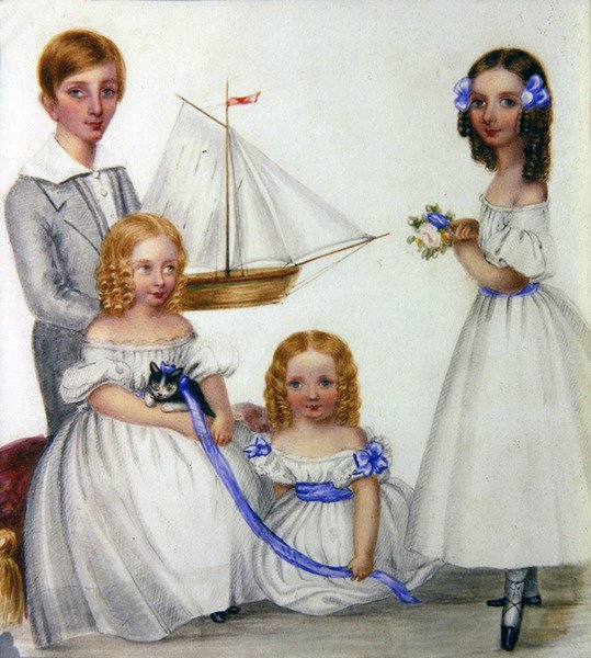 Muotokuva neljästä lapsesta, joilla on purjevene ja kissanpentu, n. 1830 (akvarelli paperille) tekijältä English School