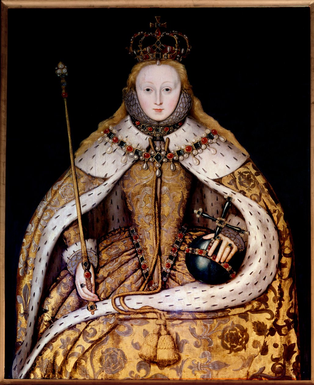 Kuningatar Elisabet II:n muotokuva kruunuvaatteessa, n. 1600 (öljy paneelille) (öljy kankaalle) tekijältä English School