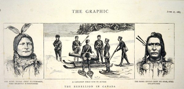 Portraits of Rebel Chiefs Poundmaker and Big Bear, julkaistu The Graphicissa, 27.6.1885 (litho) tekijältä English School
