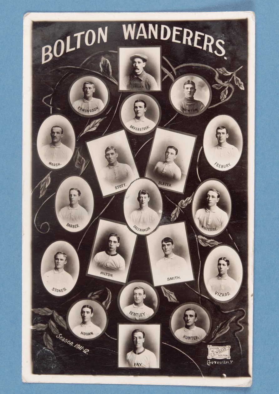 Bolton Wanderers FC -pelaajien postikortti, kausi 1911-12 (bw litho) tekijältä English School