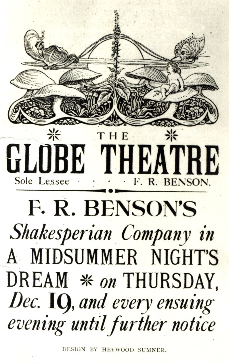 Julistemainos William Shakespearen (1564-1616) "Kesäyön unelma" F. R. Bensonin Shakespearean Companyn esittämänä Globe-teatterissa, noin 1890 (painettu) tekijältä English School