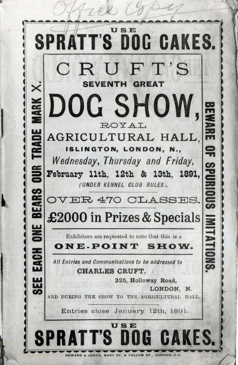Juliste mainostaa Cruftin koiranäyttelyä Royal Agricultural Hallissa Islingtonissa, Lontoossa vuonna 1891 tekijältä English School