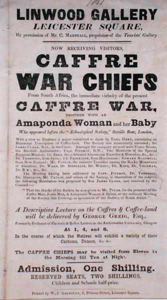 Juliste, joka mainostaa Luentoa Caffre War Chiefsistä Linwood Galleryssa tekijältä English School