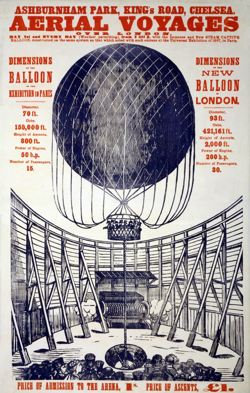 Juliste, joka mainostaa "Aerial Voyages over London", pubi. 1867 (värilitografia) tekijältä English School