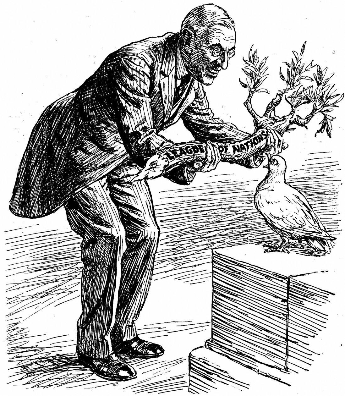 Presidentti Wilson antaa rauhankyyhkylle oliivinoksan, jossa lukee "Kansainliitto", Lontoossa 26. maaliskuuta 1919 ilmestyneestä "Punch"-lehdestä (painokuva). tekijältä English School